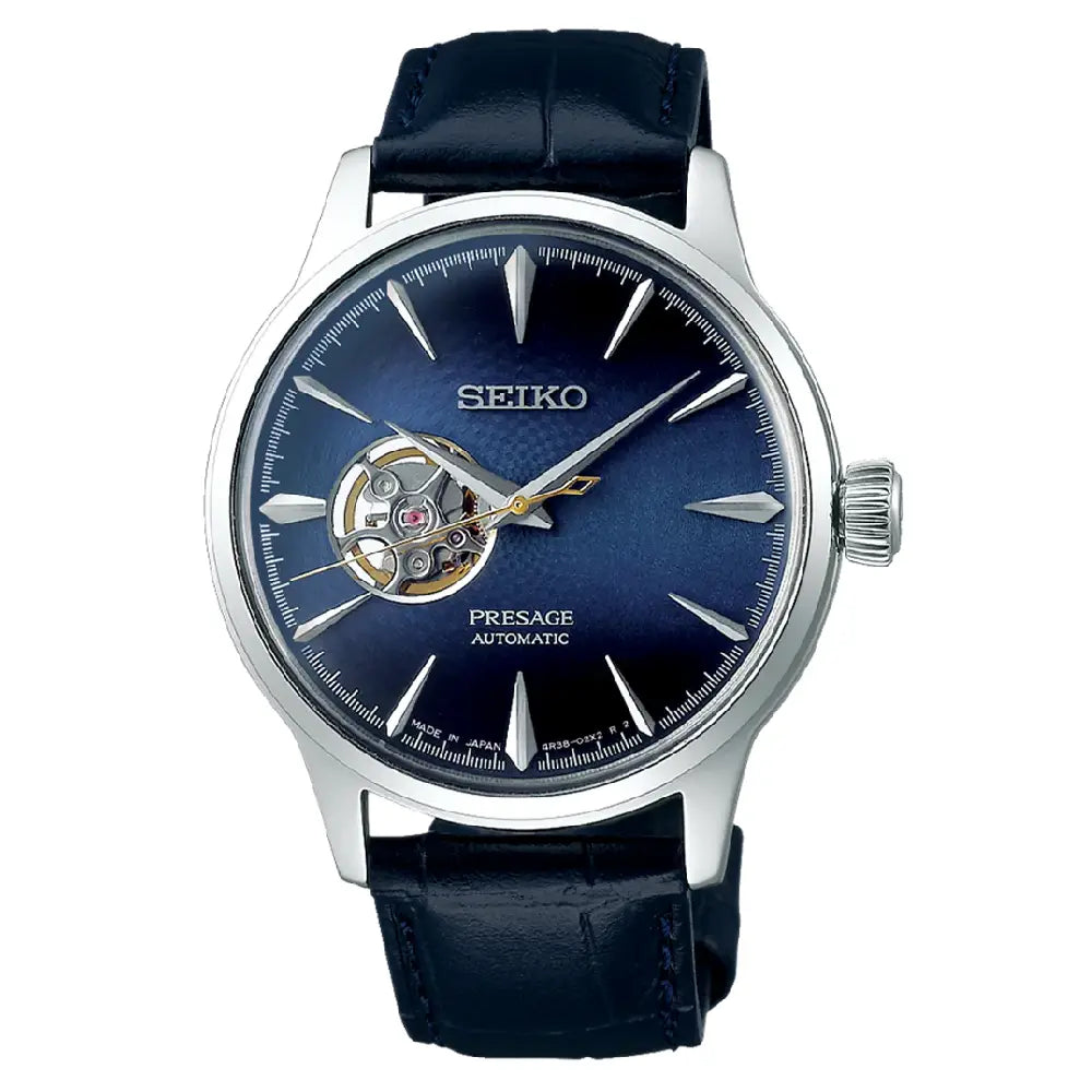 Seiko Presage SSA405J1 Cocktail Time Automatic Open Heart "Blue Moon" Blue Dial 40.5mm Leather Strap Men's Watch