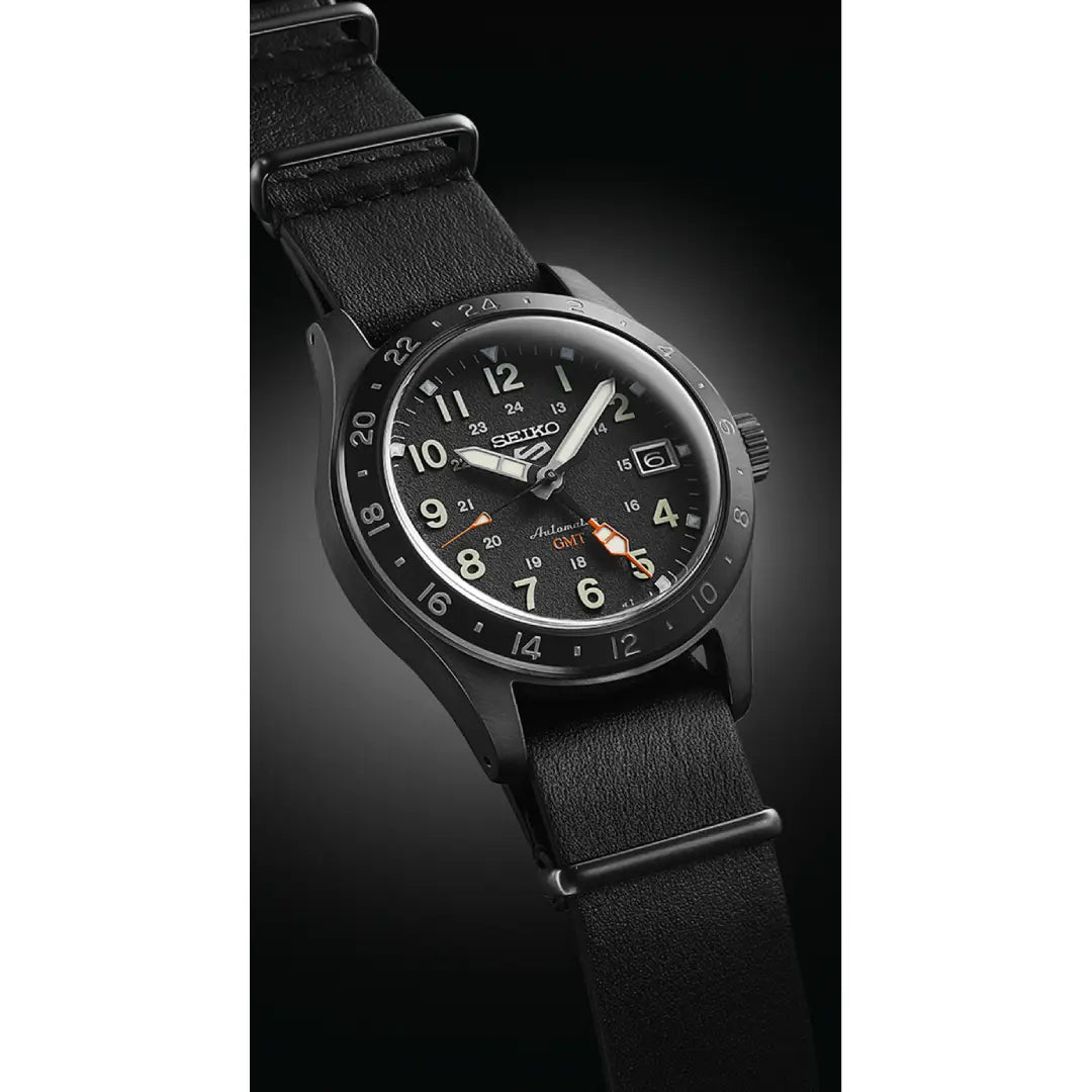 Seiko 5 Sports SSK025K1 Automatic GMT "Deception" Black Dial 39.4mm Leather Strap Men's Watch