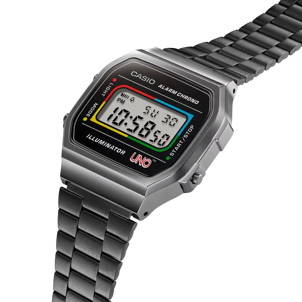 Casio Vintage Digital A168WEUC-1ADR Black with UNO Motif Dial Stainless Steel Unisex Watch