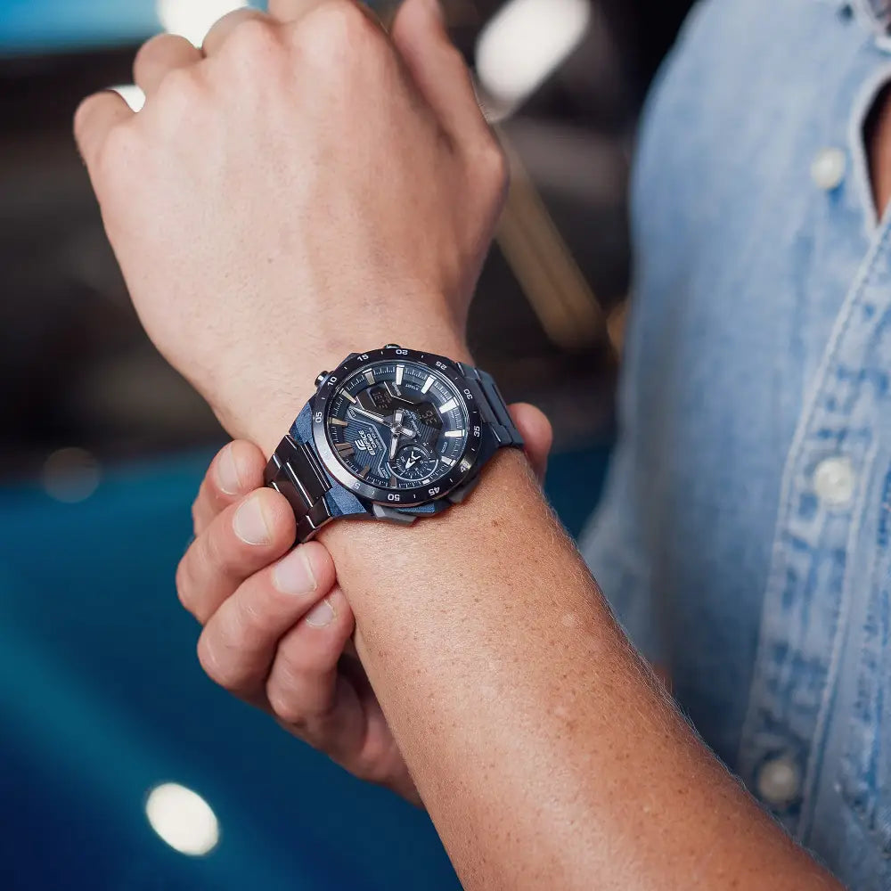 Casio Edifice WindFlow ECB-2200CB-2A Analog-Digital "Race Car Inspired" Solar Bluetooth Blue Carbon Fiber Dial Stainless Steel Men's Watch