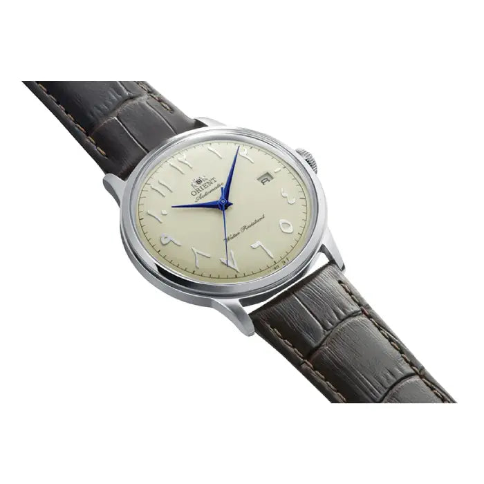 Orient RA-AC0039Y Bambino automatic men's watch with ivory Arabic dial and leather strap