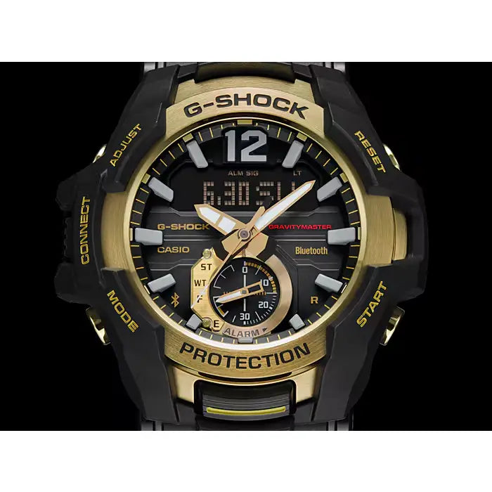 Casio G-Shock Gravitymaster GR-B100GB-1A Analog-Digital Tough Solar Bluetooth Black and Gold 53.8mm Resin Strap Men's Watch