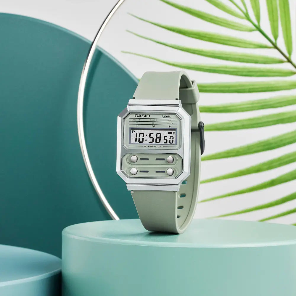 Casio Vintage F-100 Reissue A100WEF-3A Digital Display Green Resin 32.7mm Strap Unisex Watch