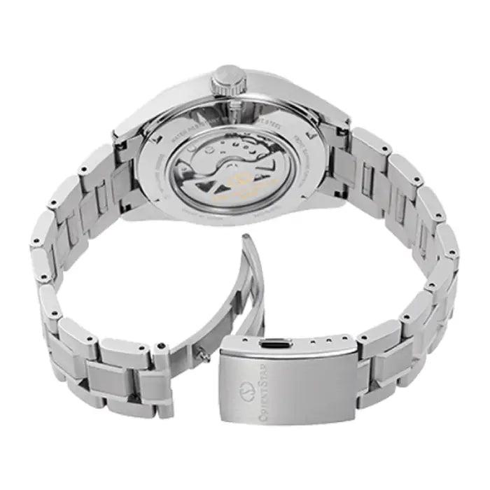 Orient Star RE AV0114E00B green dial 41mm automatic stainless steel mens skeleton watch side view