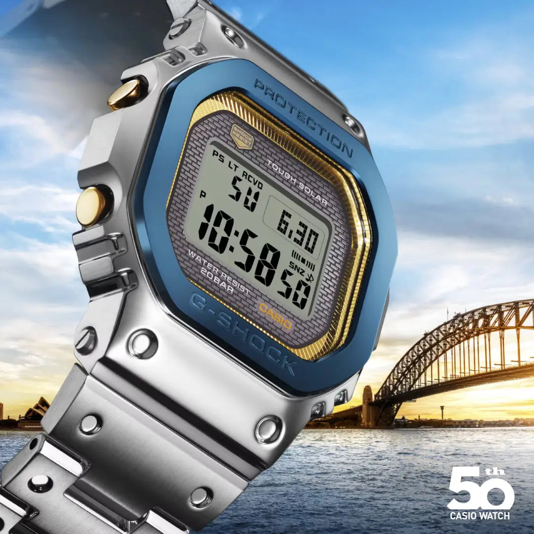Casio G-Shock Limited-Edition GMW-B5000SS-2DR 50th Anniversary Sky & Sea Blue/Gold Accents Stainless Steel Men's Watch