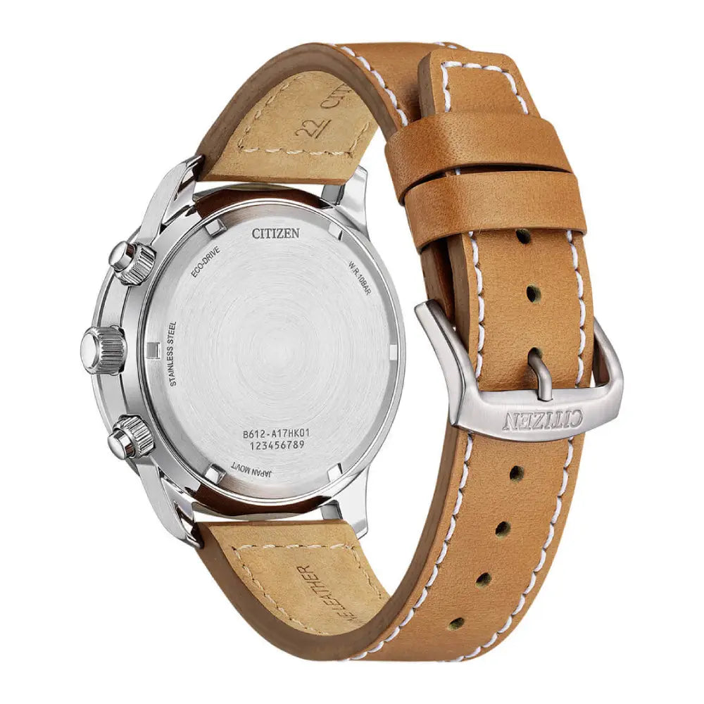 Citizen Eco-Drive "Aviator Chrono" CA0880-15X Beige Dial 44mm Leather Strap Men's Watch