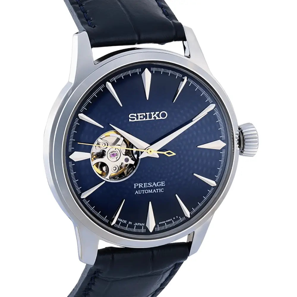 Seiko Presage SSA405J1 Cocktail Time Automatic Open Heart "Blue Moon" Blue Dial 40.5mm Leather Strap Men's Watch