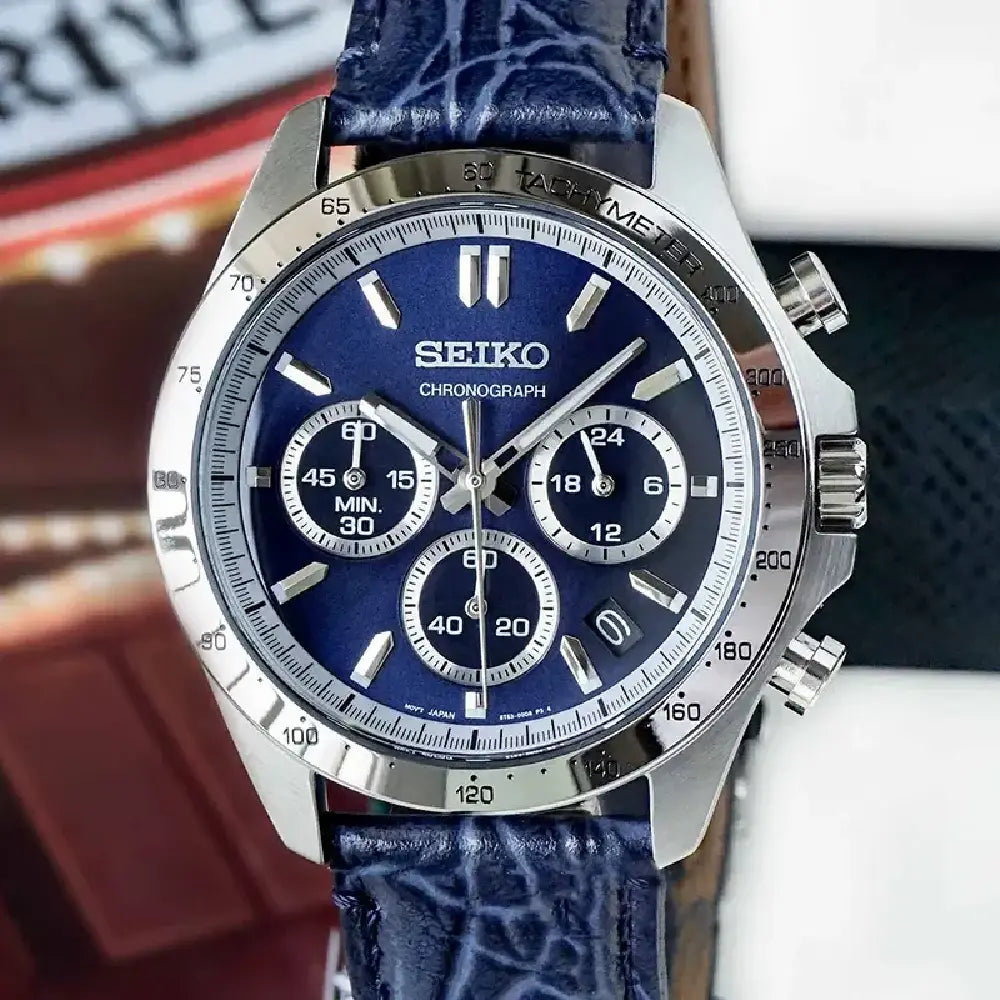 Seiko Spirit Chronograph SBTR019 (Made in Japan) Blue Dial 39.8mm Leather Strap Men's Watch