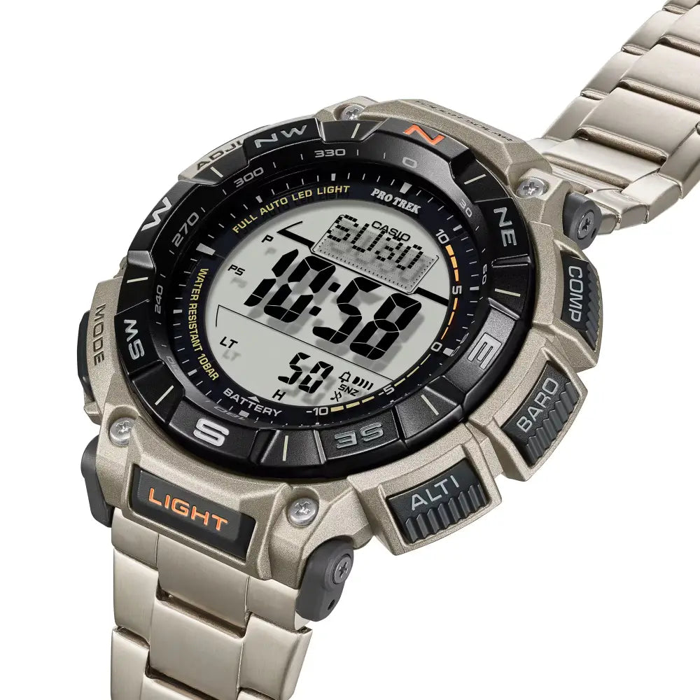 Casio ProTrek PRG-340T-7DR Digital Tough Solar Triple Sensor Silver Dial 51.7mm Stainless Steel Men's Watch