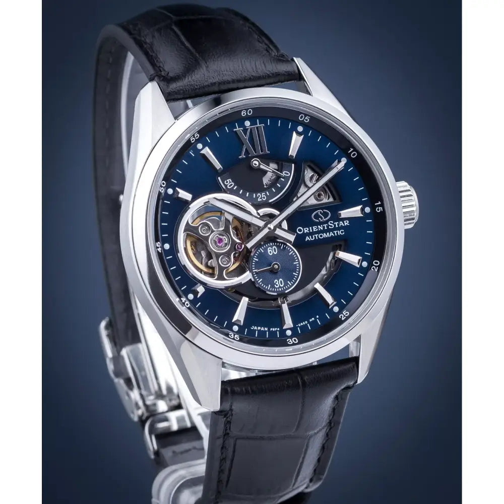 Orient Star RE-AV0005 Open Heart Automatic Power Reserve Blue Dial Leather Strap Men's Watch