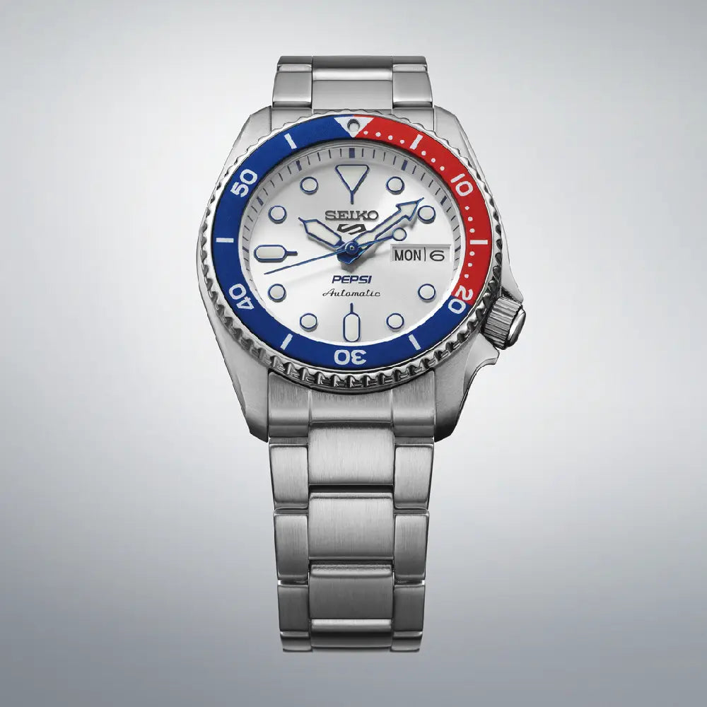 Seiko 5 SRPL99K1 Limited Edition "Pepsi" Sports Automatic Diver Silver Dial 38mm Stainless Steel Men's Watch