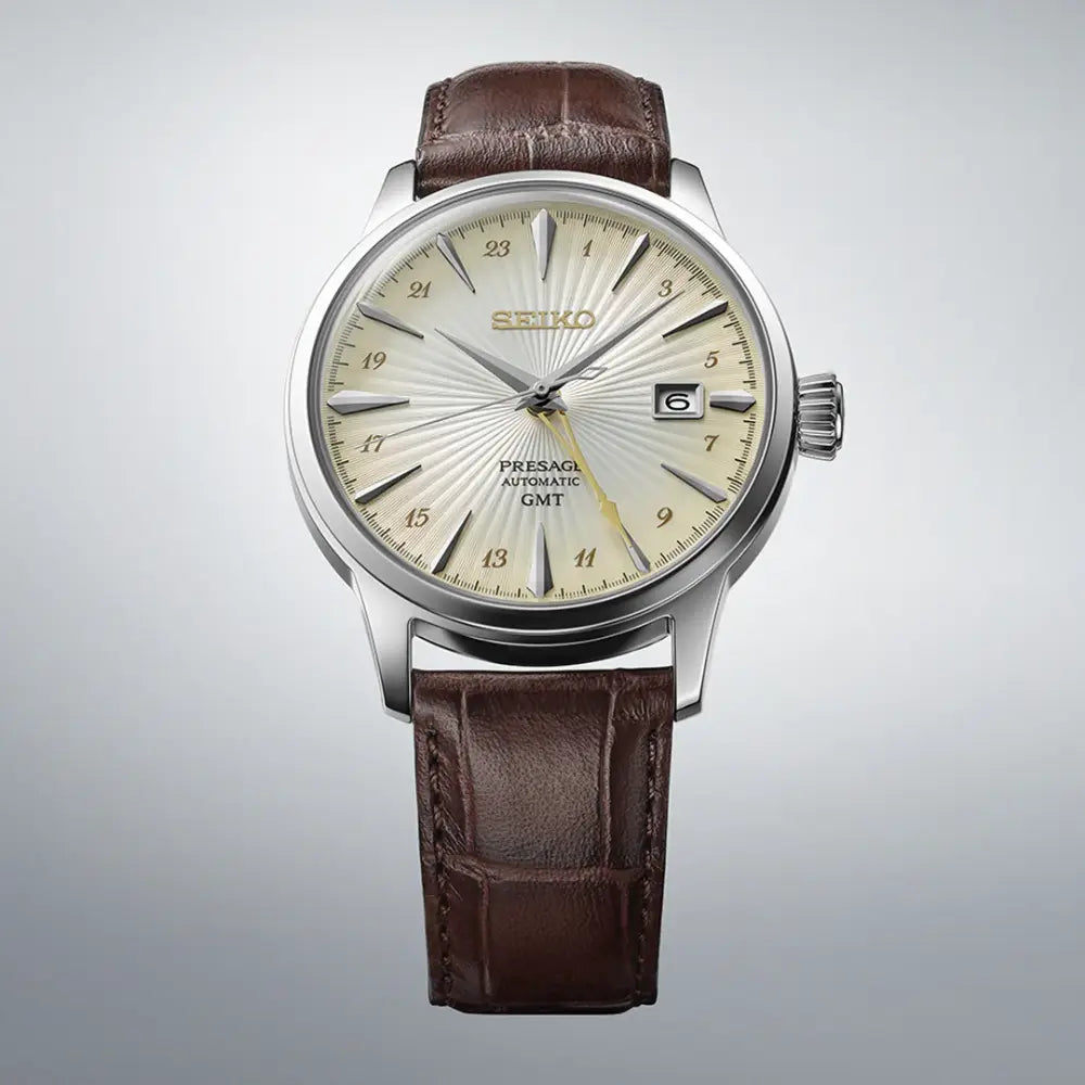 Seiko Presage Cocktail Time Automatic GMT SSK041J1 Beige 40.5mm Dial Leather Strap Men's Watch
