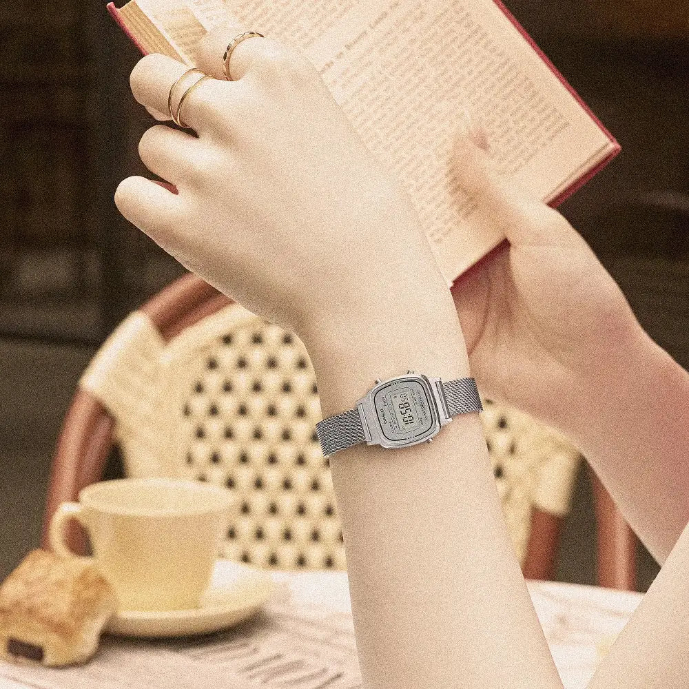 Casio Vintage Digital Mini LA670WEM-7DF Silver Dial 24.6mm Stainless Steel Mesh Women's Watch