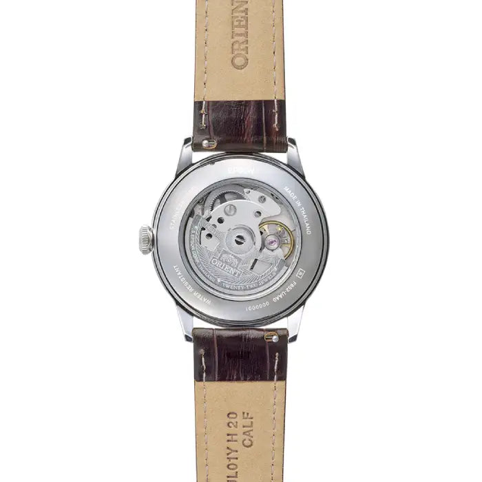 Orient Bambino RA-BB0001E automatic back dial men’s watch with brown leather strap