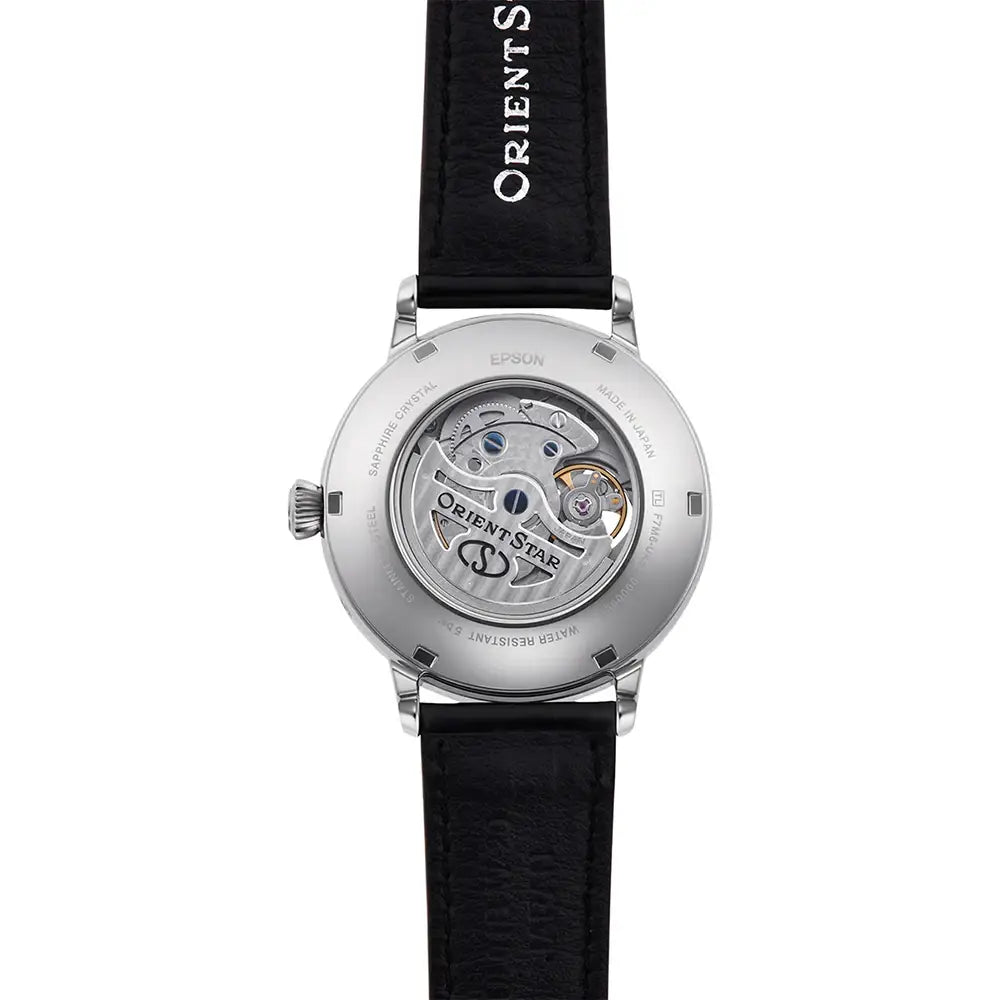 Orient Star RE-AY0106S00B white dial 41mm stainless steel automatic men’s watch moon phase open heart back view