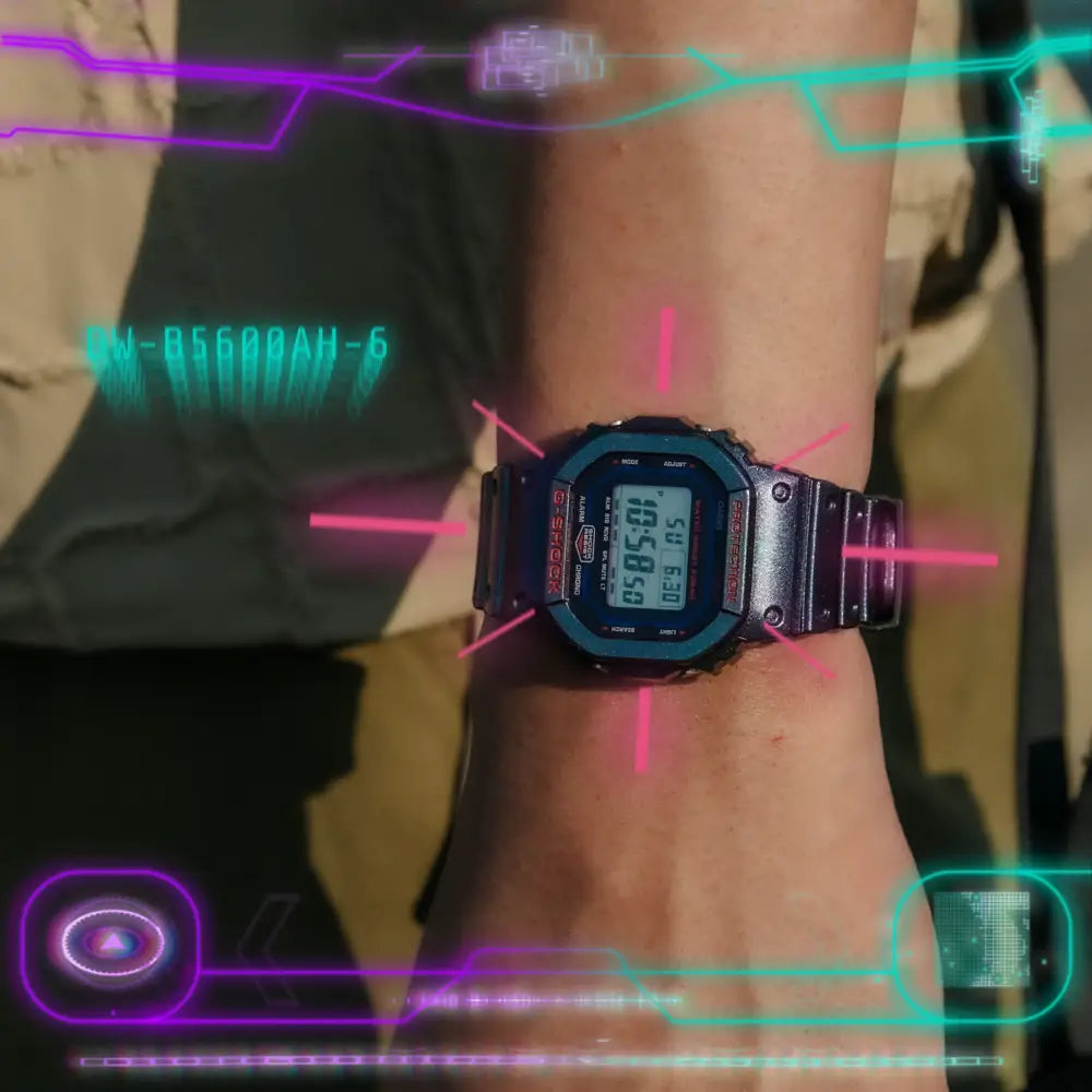 G-Shock DW-B5600AH-6DR purple square dial resin men's watch close-up