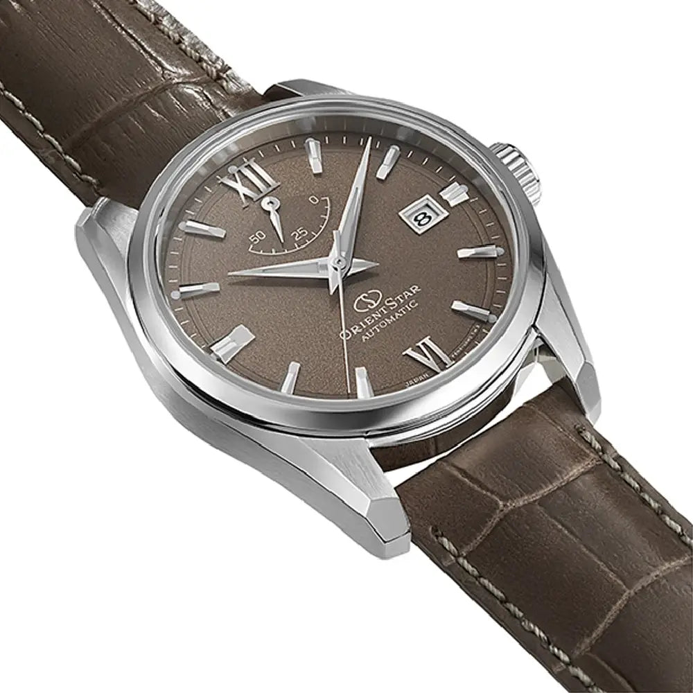 Orient Star RE-AU0113Y00B men's watch brown dial leather strap side angle view