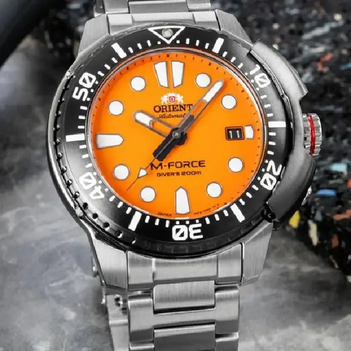 Orient RA-AC0L08Y M-Force watch orange dial automatic 200m diver