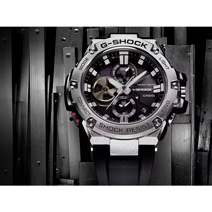 Side view of Casio G-Shock GST-B100-1ADR stainless steel watch