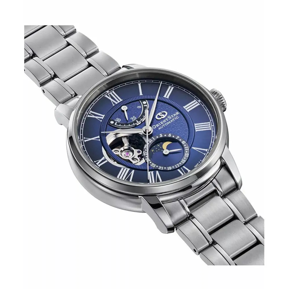 Orient Star Classic M45 F7 RE-BT0006L00B moon phase blue dial 41mm automatic mens watch front view