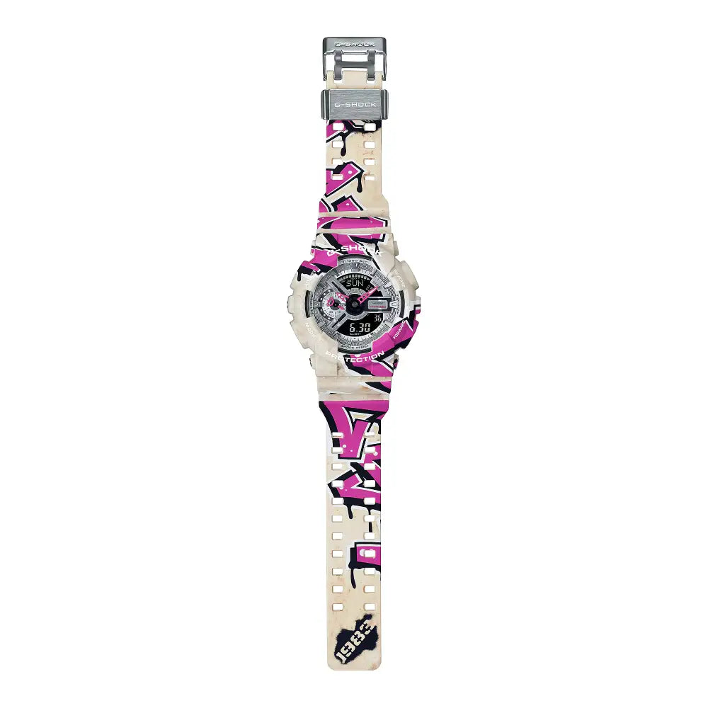 Casio G Shock GA-110SS-1A Analog-Digital "Street Spirit" Silver Graffiti Dial Resin Strap Men's Watch