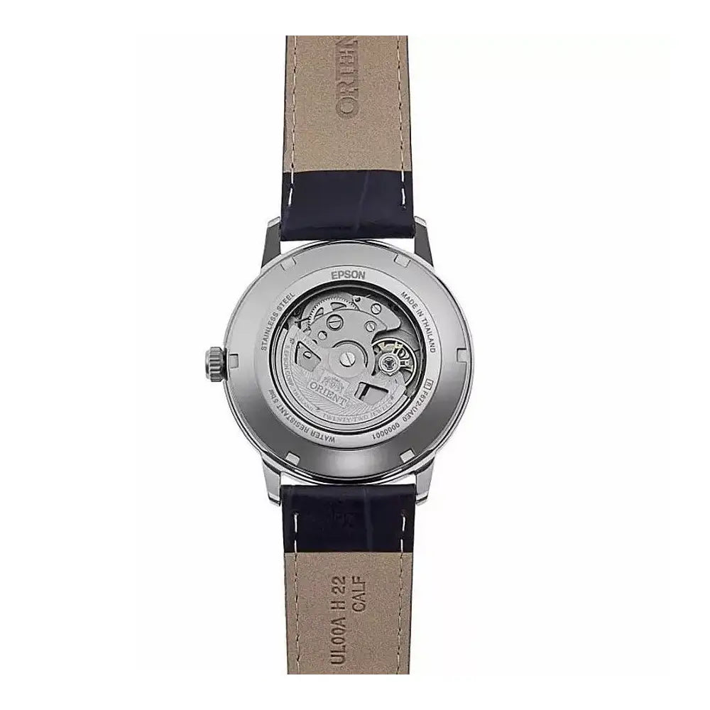 Orient RA-AC0F14L30B automatic watch transparent case back movement view