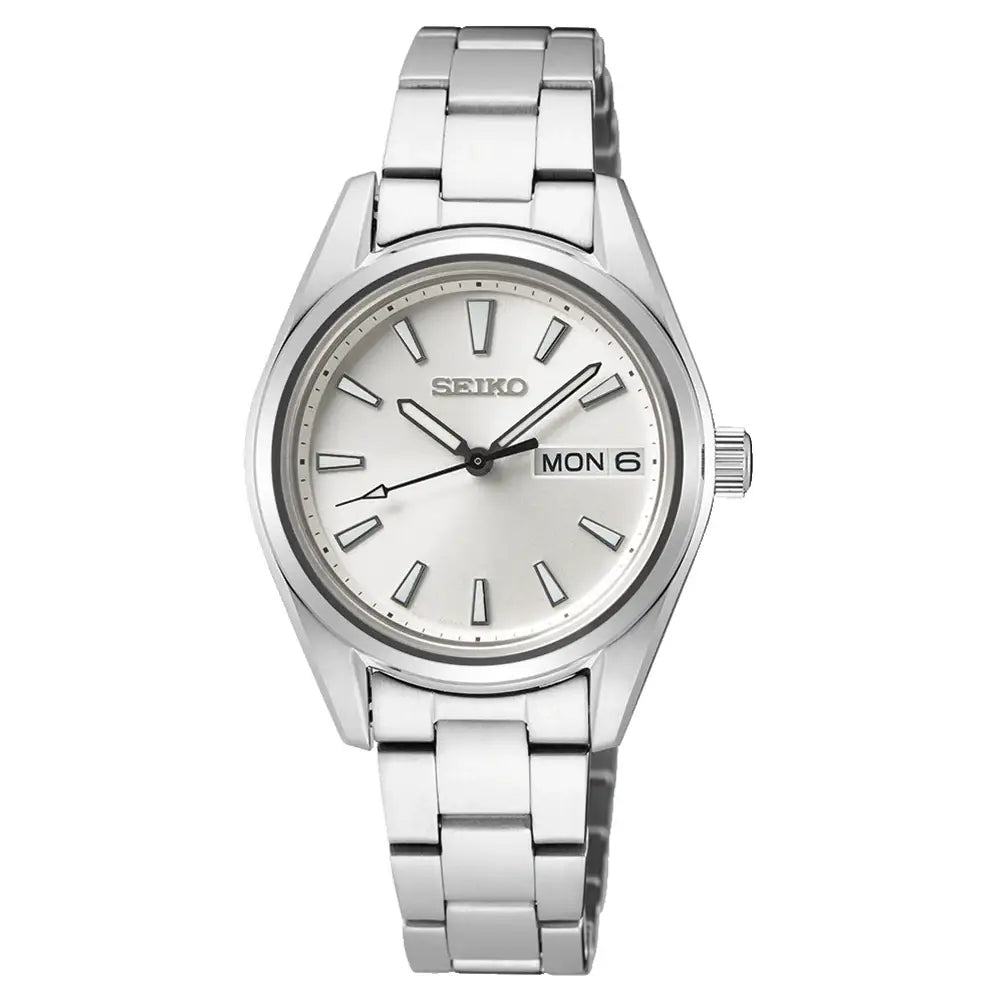 Seiko Neo SUR349P1 Classic Quartz Day-Date Silver Dial 30mm Stainless Steel Women's Watch