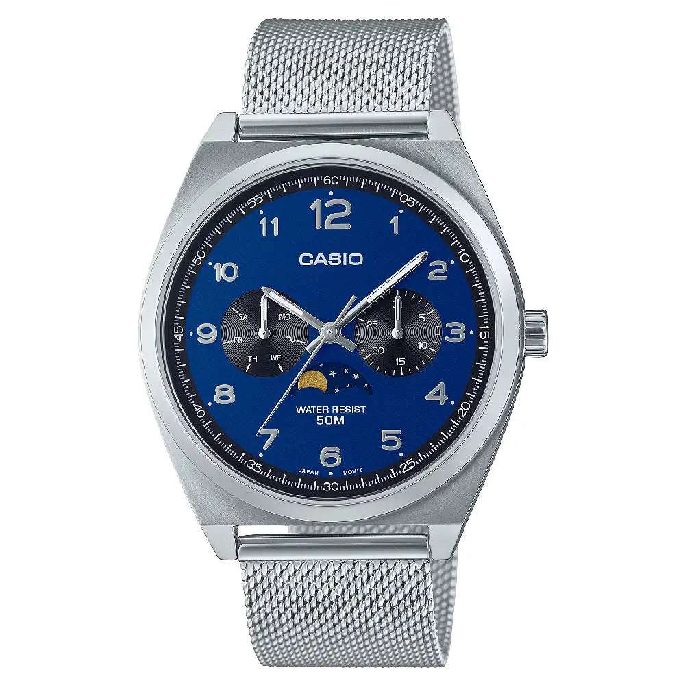 Casio Enticer MTP-M300M-2AVDF Multi-Hand Moon Phase Analog Blue Dial Stainless Steel Men's Watch
