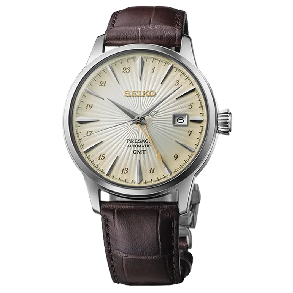 Seiko Presage Cocktail Time Automatic GMT SSK041J1 Beige 40.5mm Dial Leather Strap Men's Watch