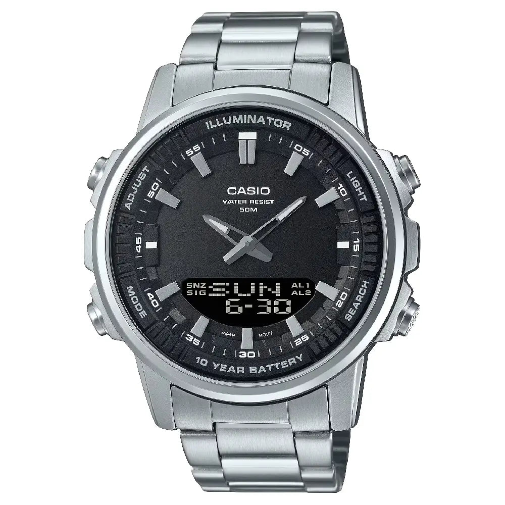 Casio Analog-Digital World Time AMW-880D-1AVDF Black Dial Stainless Steel Men's Watch