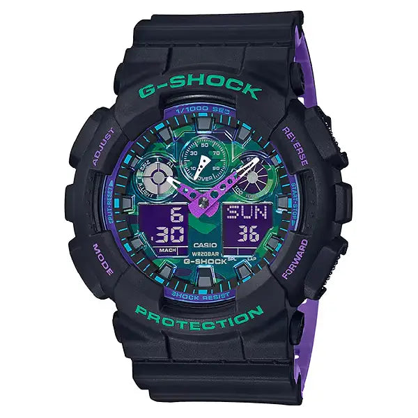 Casio G-Shock 90s Retro Sport GA-100BL-1 Black & Purple Dial 51.2mm Resin Strap Men's Watch