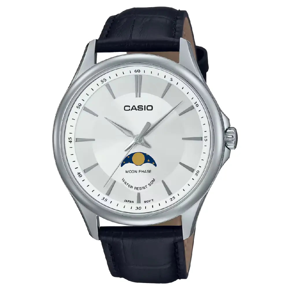 Casio Enticer MTP-M100L-7AVDF Moon Phase Analog White Dial Leather Strap Men's Watch