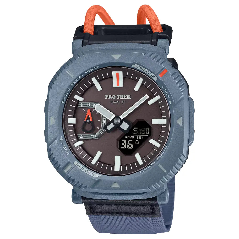 Casio ProTrek PRJ-B001B-2DR Analog-Digital Solar Bluetooth "Rotary Guard" Dusty Blue Dial Cloth Bungee Strap Men's Watch
