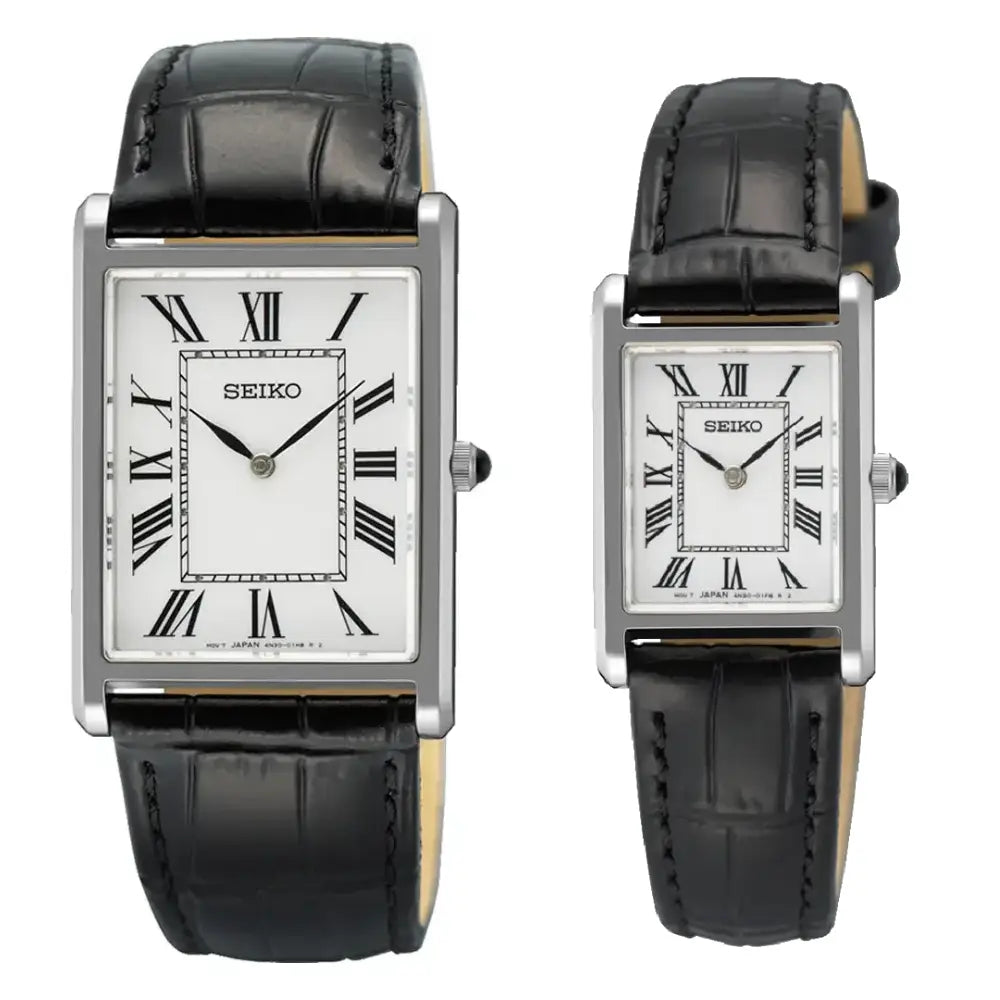 Seiko Essentials Classic SWR103P1 & SWR107P1 (Seiko Tank) White Dial Leather Couples Watch Collection