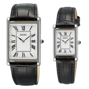 Seiko Essentials Classic SWR103P1 & SWR107P1 (Seiko Tank) White Dial Leather Couples Watch Collection