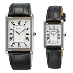 Seiko Essentials Classic SWR103P1 & SWR107P1 (Seiko Tank) White Dial Leather Couples Watch Collection