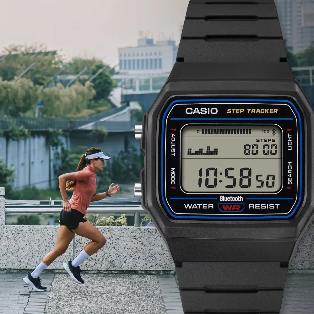 Casio F-B100W-1A watch with green LED backlight and pin buckle strap