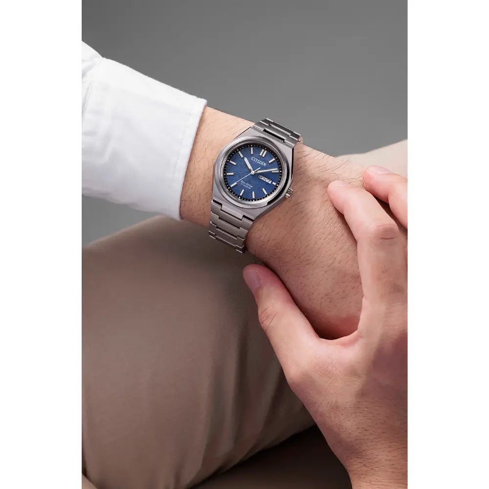 Citizen Zenshin AW0130-85L Eco-Drive Analog Day-Date Blue Dial 39mm Super Titanium Men's Watch