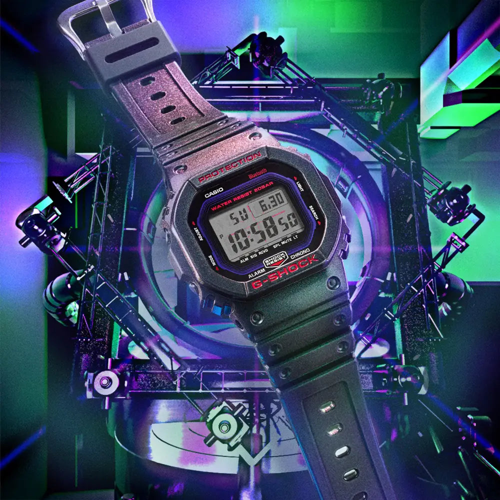 Casio DW-B5600AH-6DR G-Shock purple resin strap digital watch front angle