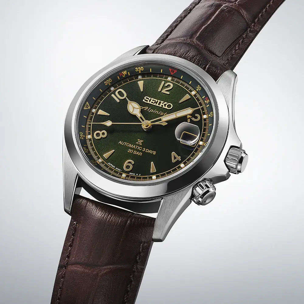 Seiko SPB507J1 Alpinist green dial leather strap watch