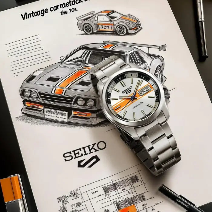Seiko SRPL49K1 racing inspired men's automatic watch close-up