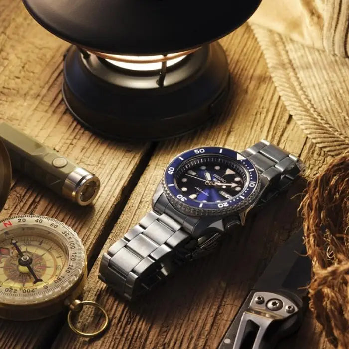 Seiko 5 Sports SBSA001 automatic men's watch with navy dial and steel strap