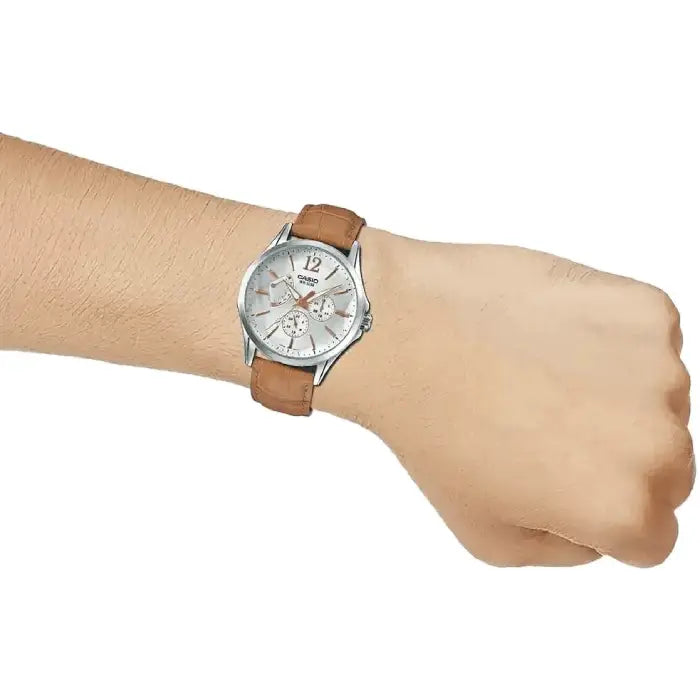 Casio Enticer MTP-E320LY-7AVDF Multi-Function Analog Silver Dial Leather Strap Men's Watch