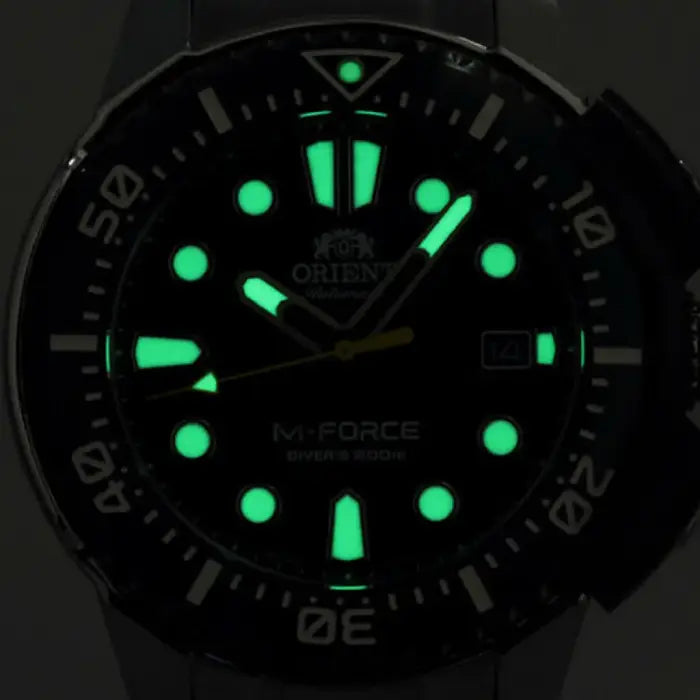 Orient M-Force RA-AC0L02R watch front view red dial stainless steel