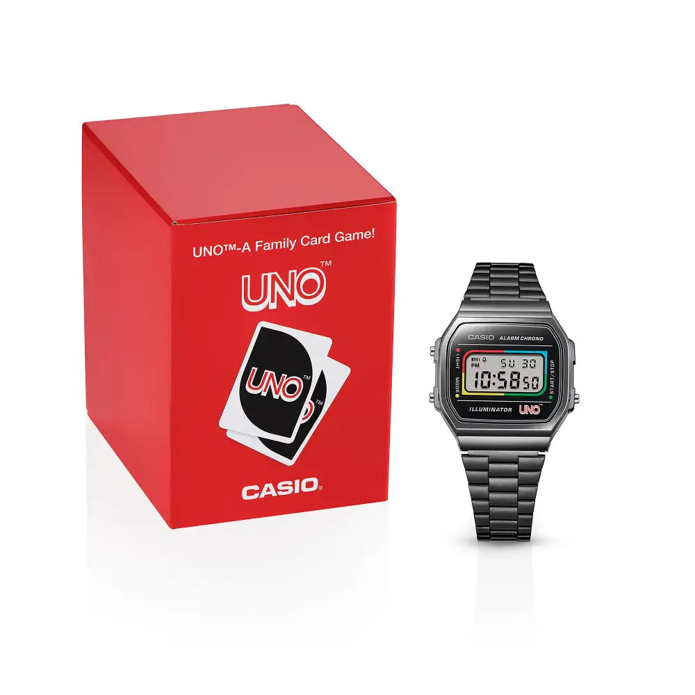 Casio Vintage Digital A168WEUC-1ADR Black with UNO Motif Dial Stainless Steel Unisex Watch