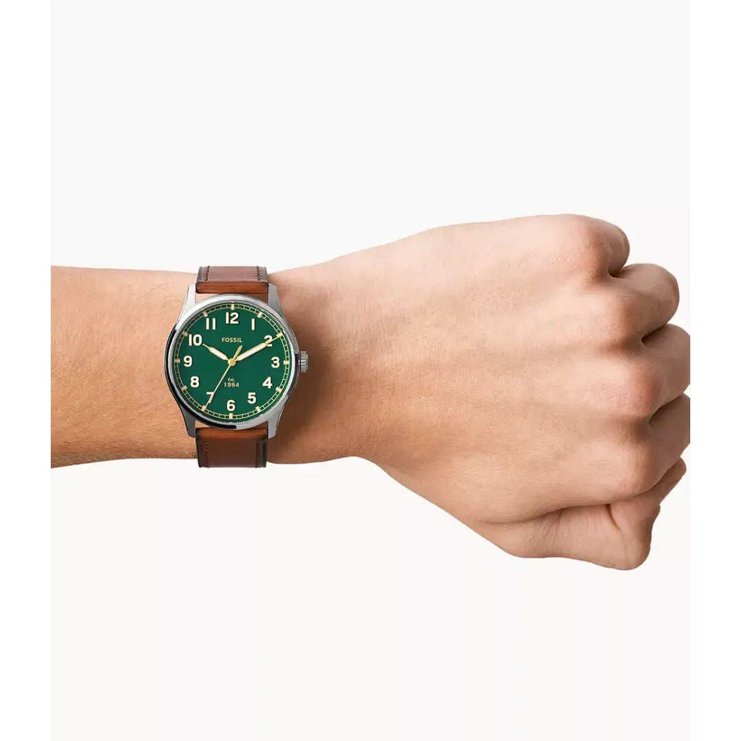 Fossil Dayliner FS5925 Three-Hand Green Dial Leather Strap Men's Watch