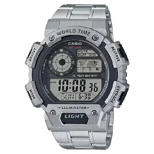 Casio World Time Digital AE-1400WHD-1AVDF Grey/Black Dial Stainless Steel Men's Watch