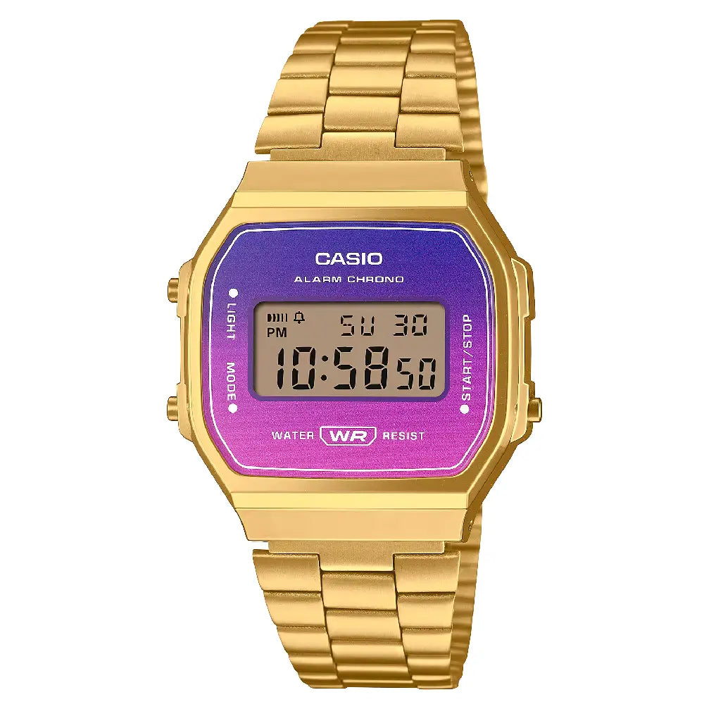 Casio Vintage Digital A168WERG-2ADF Purple and Pink Gradated Dial Gold Stainless Steel Unisex Watch