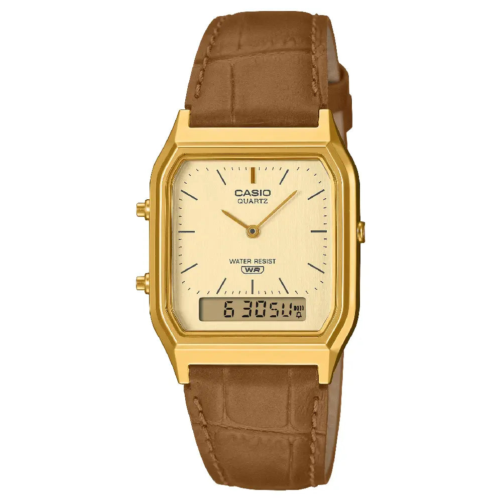 Casio Vintage Analog-Digital AQ-230EGL-9ADF Gold Dial 29.8mm Brown Leather Strap Men's Watch