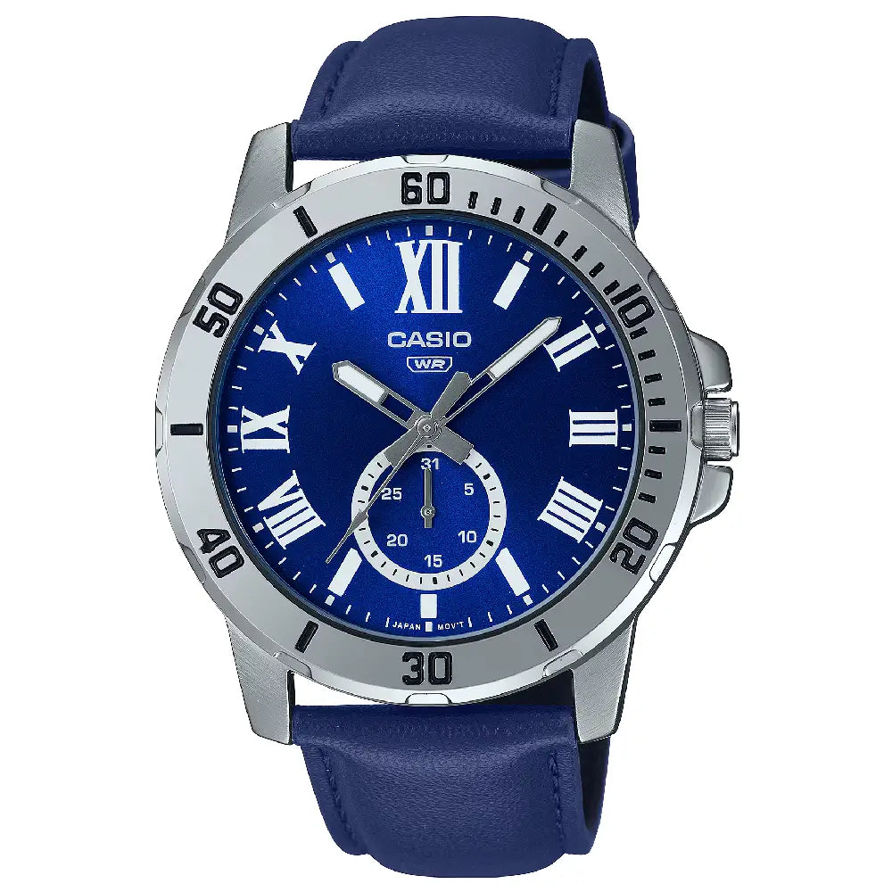 Casio Enticer MTP-VD200L-2BUDF Multi-Hand Day Date Analog Blue Dial Leather Strap Men's Watch
